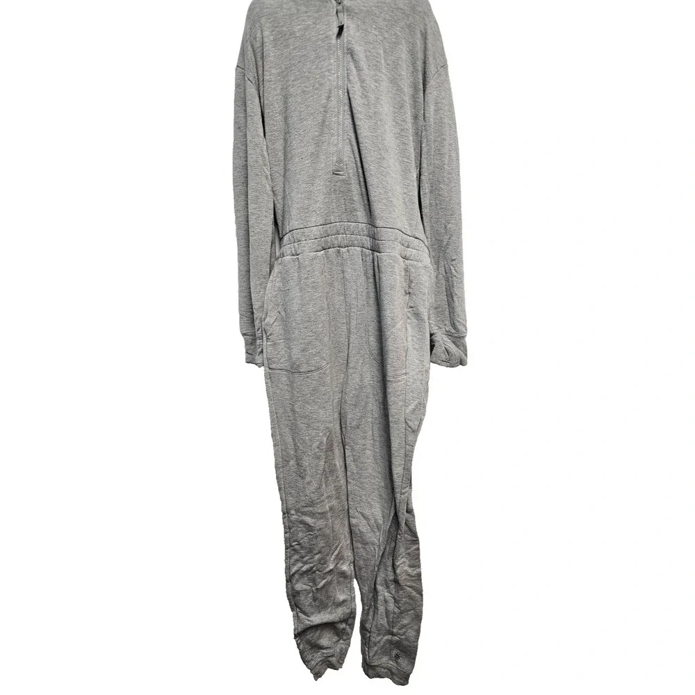 Athleta Girl gray one piece hooded jumpsuit 14 zipper thumb holes pockets